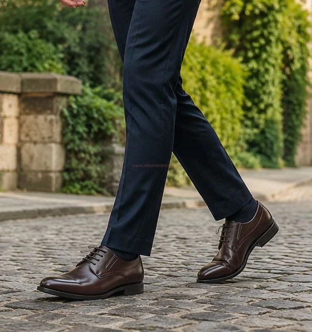Eleganckie brązowe buty męskie do garnituru na wesele na nogach