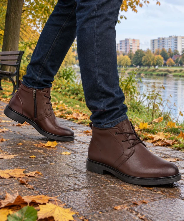 Buty męskie skórzane ocieplane sztyblety eleganckie do garnituru na nogach