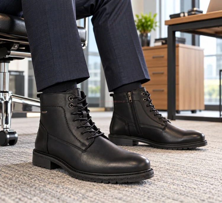 Eleganckie zimowe buty męskie zimowe skórzane do garnituru na nogach